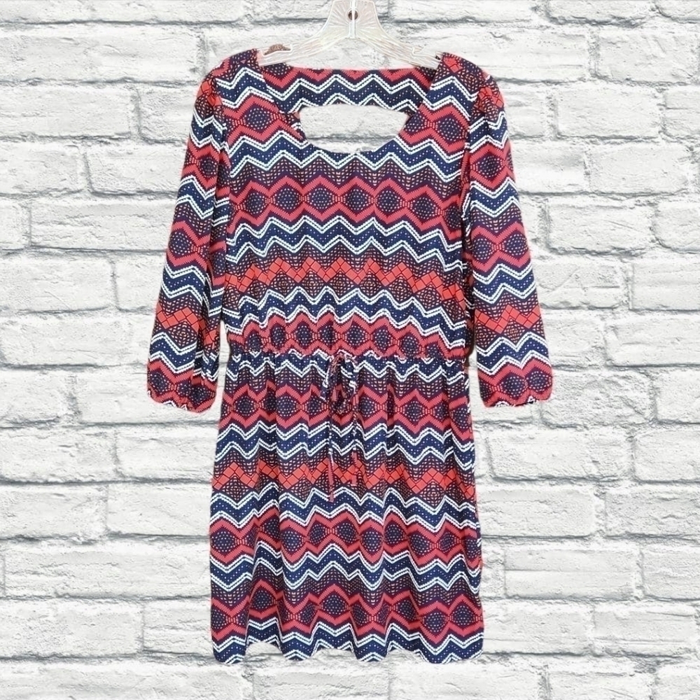 BeBop Red White Blue Geometric Dress with Cut-Out Back